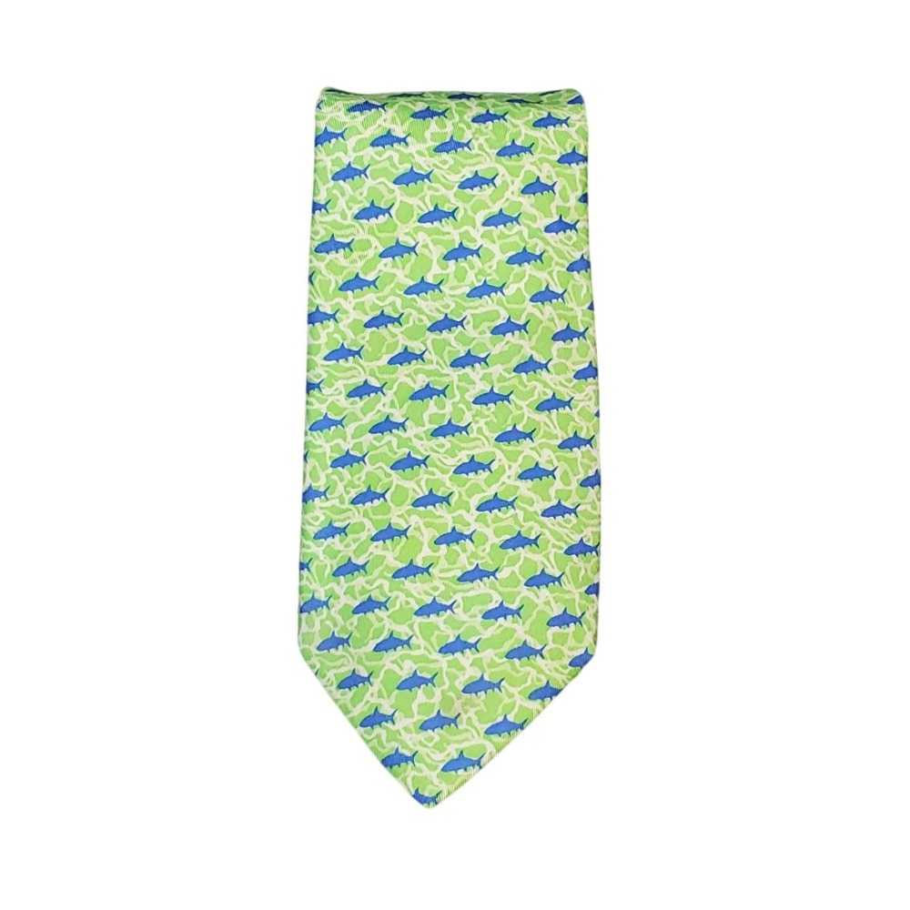 VTG Vineyard Vines Men's Silk Tie Shark Pattern Green Blue Martha's Vineyard USA